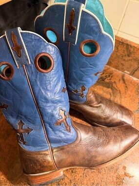 Ariat Brown Leather Foot & Blue Shaft Cowboy Boots